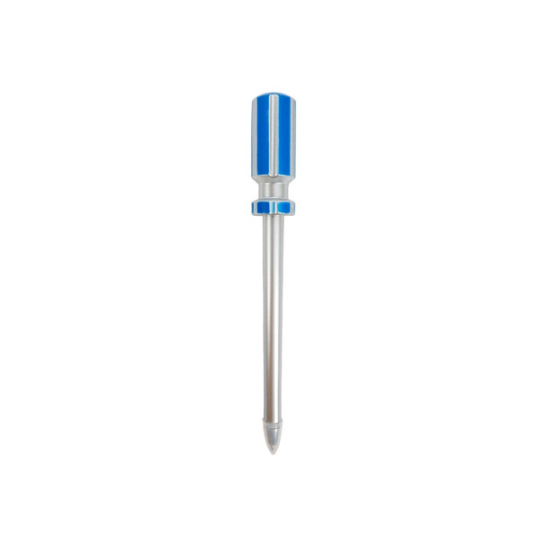A blue and silver ballpoint pen shaped like a screwdriver, featuring metallic detailing and a logo.