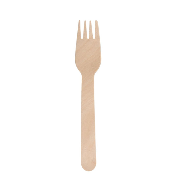 A wooden fork with a smooth finish and light natural colour, part of a disposable cutlery set.
