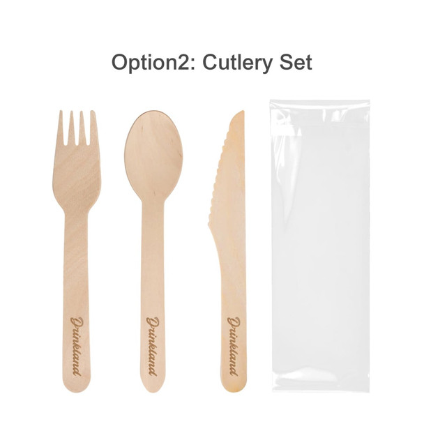 A set of disposable wooden cutlery featuring a fork, spoon, and knife, packaged in a clear sleeve.