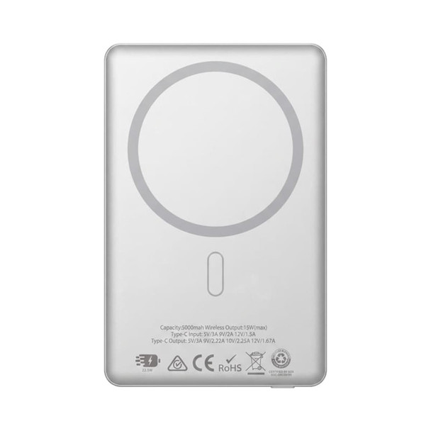 A silver power bank with a wireless charging circle on the surface, featuring a logo and technical specifications on the back.