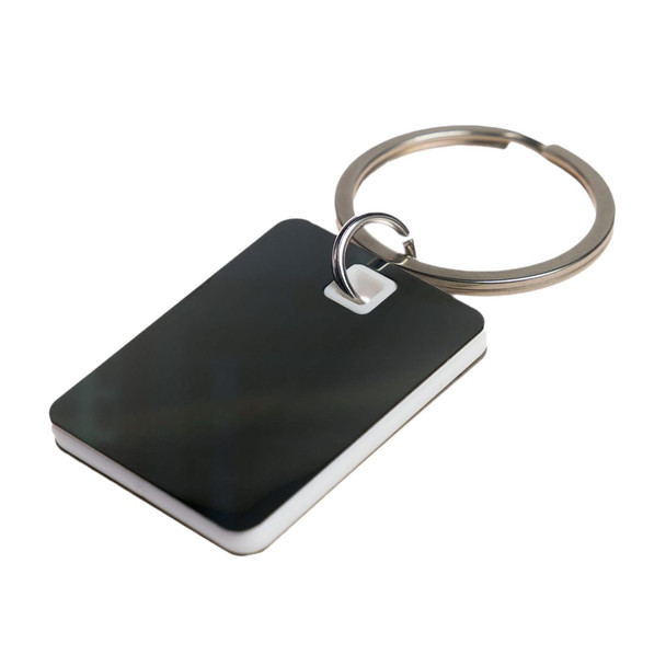 A rectangle stainless steel keytag featuring a sleek design with a shiny finish and a metal keyring for attachment.