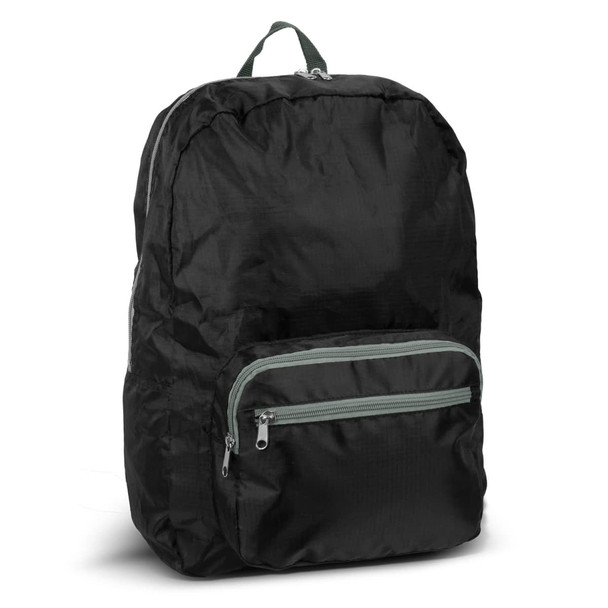 A foldable backpack in black with a green zippered front pocket, featuring a carrying handle on top.