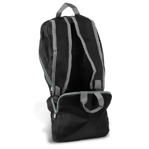 A foldable backpack in black with grey straps and a front pocket, featuring a logo on the side.