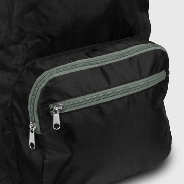 A black foldable backpack with a grey zippered pocket. The material appears lightweight and durable, with a sleek design.