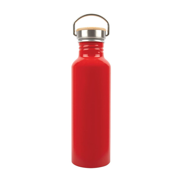 A drink bottle made from recycled aluminum, featuring a vibrant red finish and a cork lid with a metal handle.