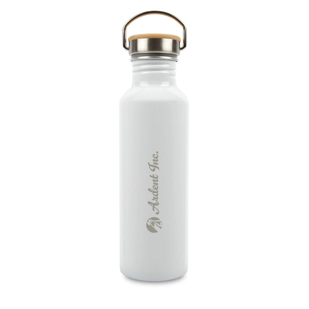 A drink bottle in white with a stainless steel lid and wooden handle, featuring a logo. Ideal for reusable drinkware.
