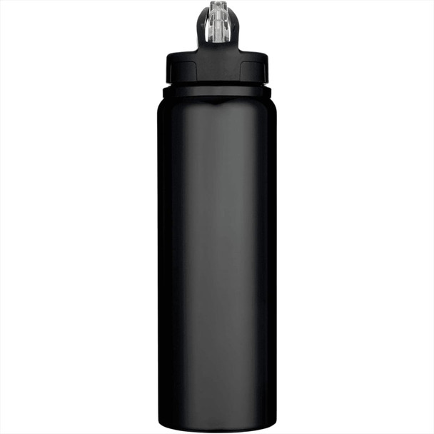 A drink bottle in black stainless steel with a clear cap and a logo. Holds 800ml.