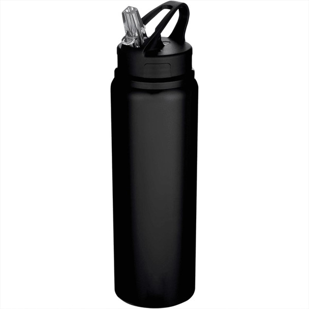 A drink bottle made of recycled stainless steel, featuring a sleek black design and a clear straw lid.