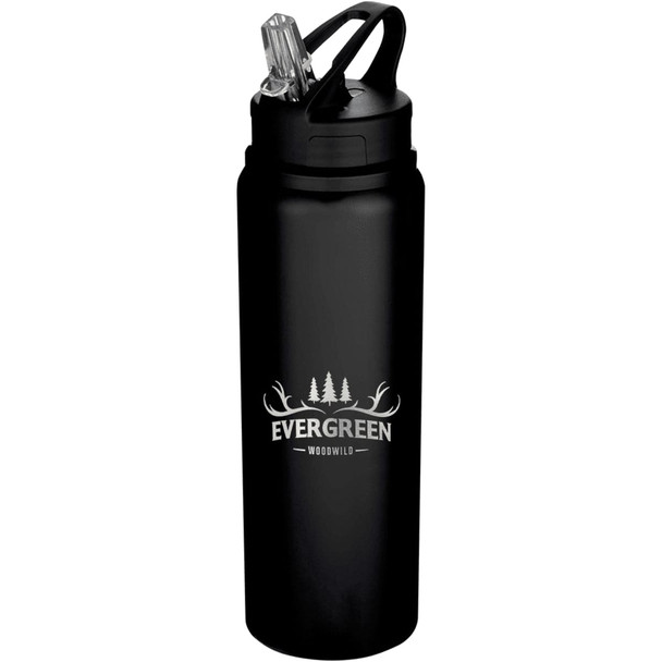 A drink bottle made of recycled stainless steel, featuring a black finish and a flip straw lid, with a logo.