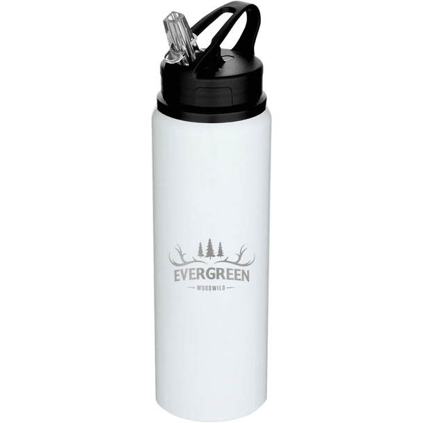 A drink bottle in white with a black cap and straw, featuring a logo design.