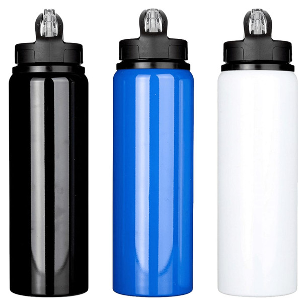A drink bottle set featuring three colours: black, blue, and white, with a flip-top lid and logo.