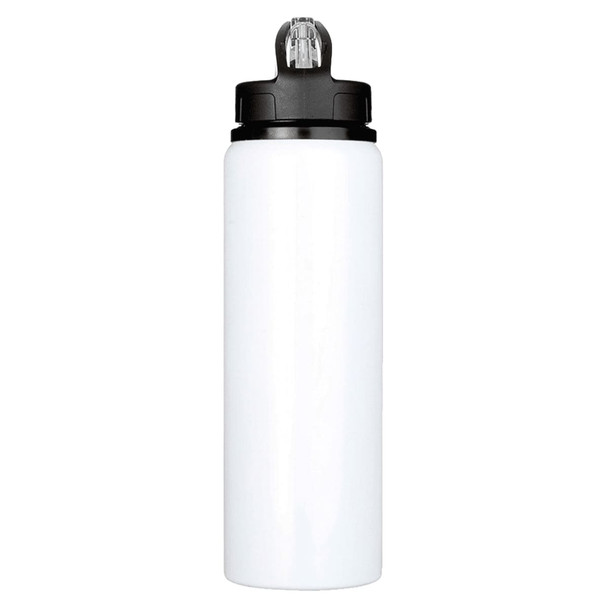 A drink bottle in white with a black lid, featuring a flip-top spout and a branding logo.