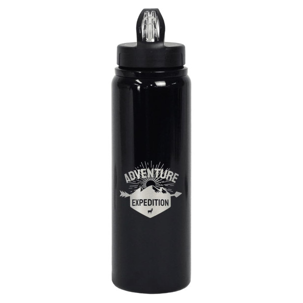 A drink bottle in matte black with a screw-top lid and a logo, featuring a design related to adventure and expeditions.