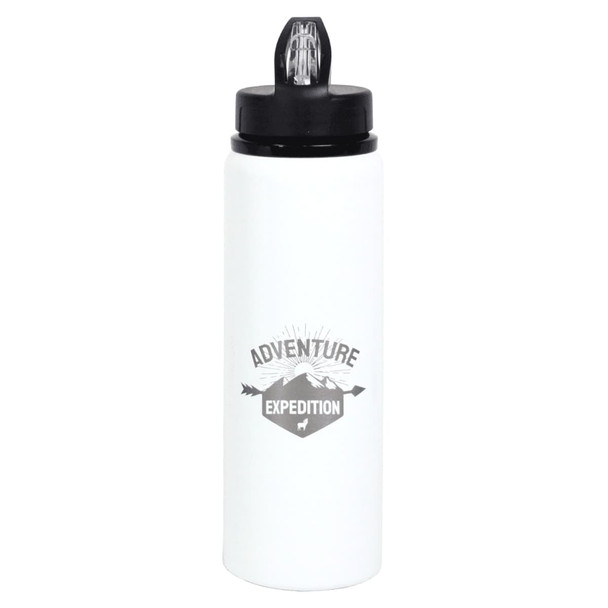 A drink bottle made of recycled stainless steel, features a white body and a black lid with a logo.