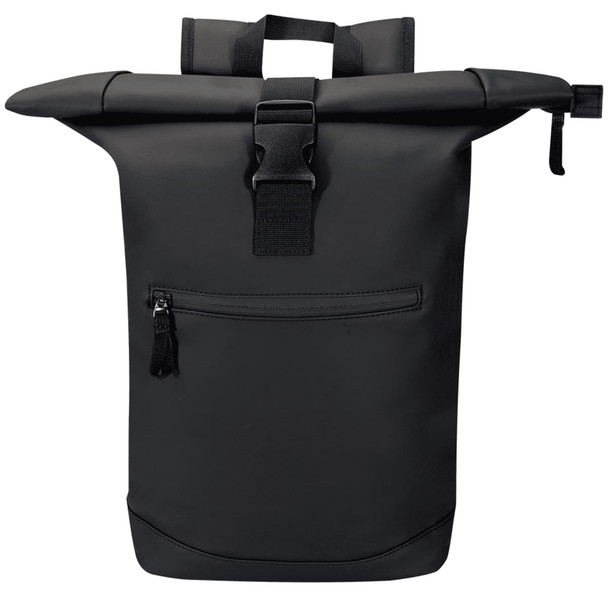 A black roll-top backpack with a secure buckle, featuring a front zipper pocket and sturdy handles on top.