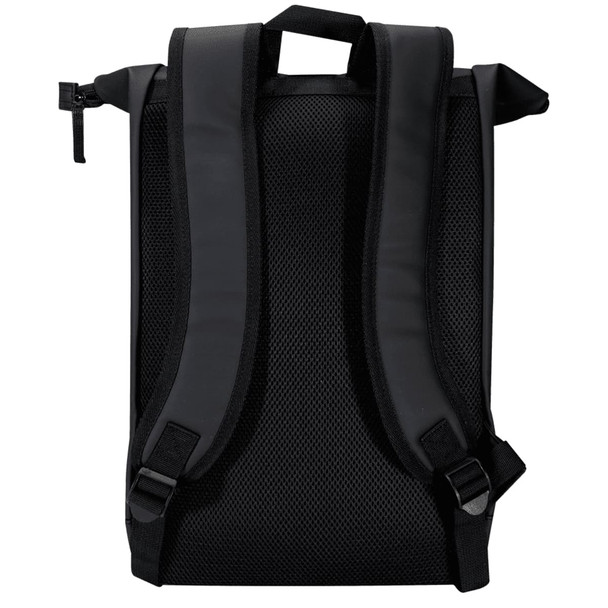 A black roll-top backpack featuring padded adjustable straps and a mesh back for comfort. It has a logo on the exterior.