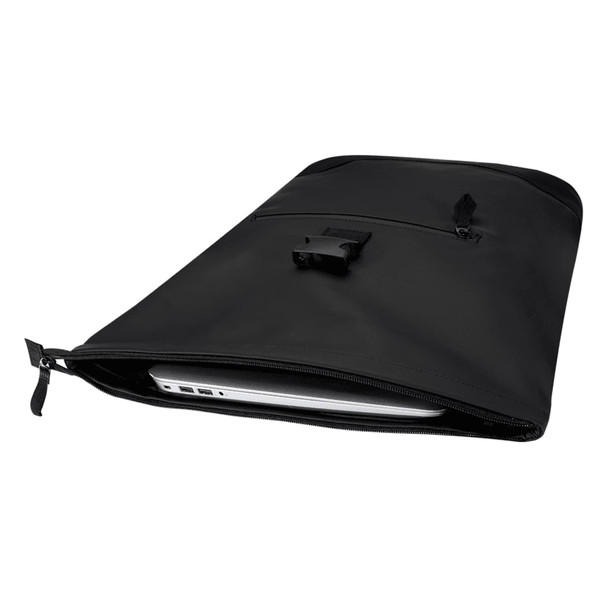 A black roll-top backpack with a zippered compartment, featuring a logo and a sleek design.