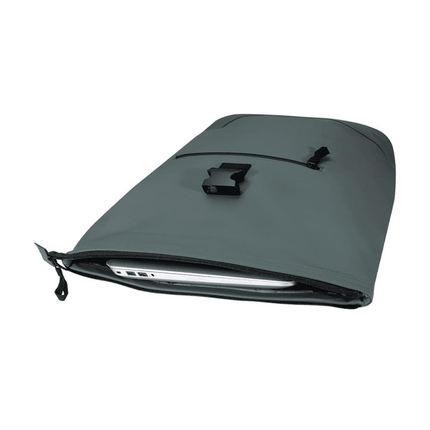 A grey roll-top backpack with a zippered compartment containing a laptop and an exterior pocket, featuring a logo.