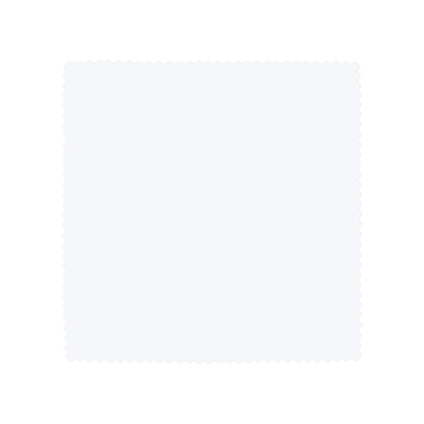 A zigzag-edged microfiber lens cloth in light color, designed for cleaning electronics. Includes a logo.