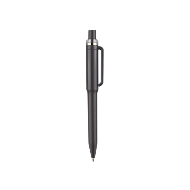 A black plastic pen with a silver accent and a clip attached. The pen has a sleek, streamlined design.