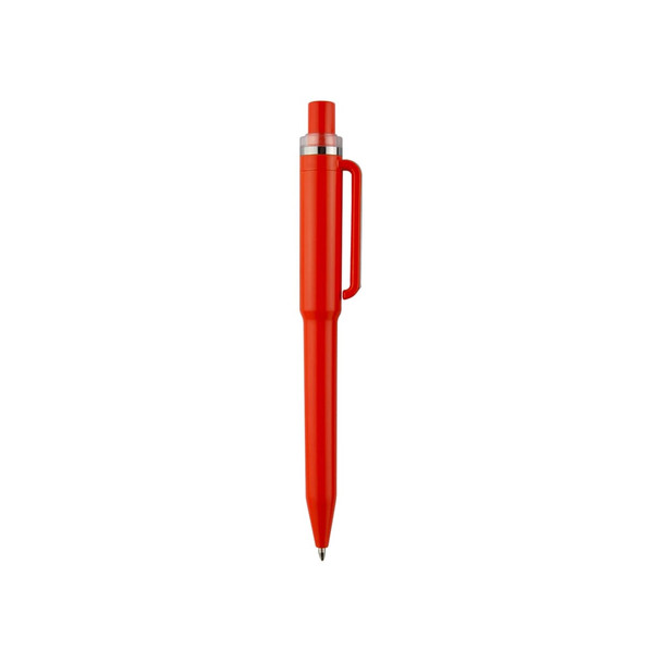 A red plastic pen with a click mechanism and a clip, featuring a simple design and a logo on the barrel.