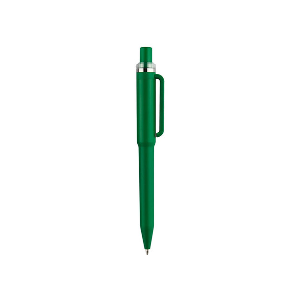 A green plastic pen with a clip and a silver tip, featuring a branding logo.