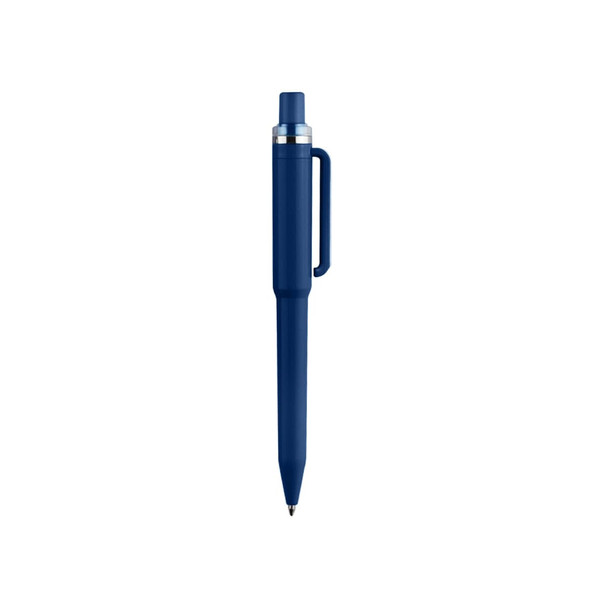 A blue plastic pen with a silver tip and an attached clip, featuring a logo.