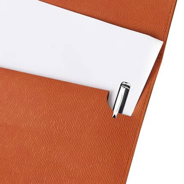 An A4 file bag in orange PU leather with a white sheet of paper partially visible and a silver pen included.