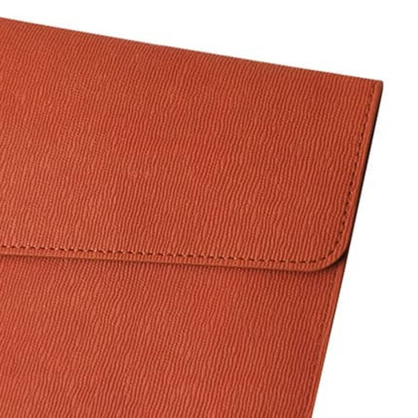 A PU leather A4 file bag in a rich terracotta colour with textured surface and stitching detail. It features a logo.