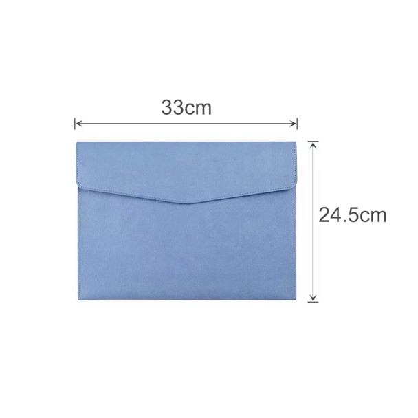 A blue PU leather A4 file bag with a flap closure, measuring 33cm by 24.5cm, featuring a logo.