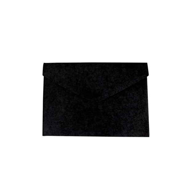 A black felt file folder with a flap closure, featuring a smooth texture and a subtle sheen.