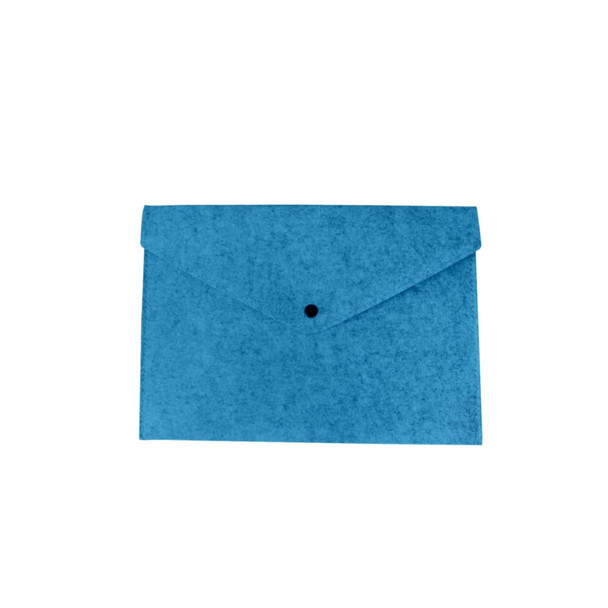 A blue felt file folder with a flap and button closure, featuring a simple design and no visible branding.