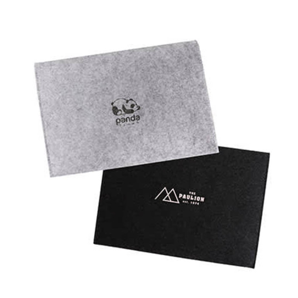 A grey and a black felt file folder, both featuring logos, stacked on top of each other.