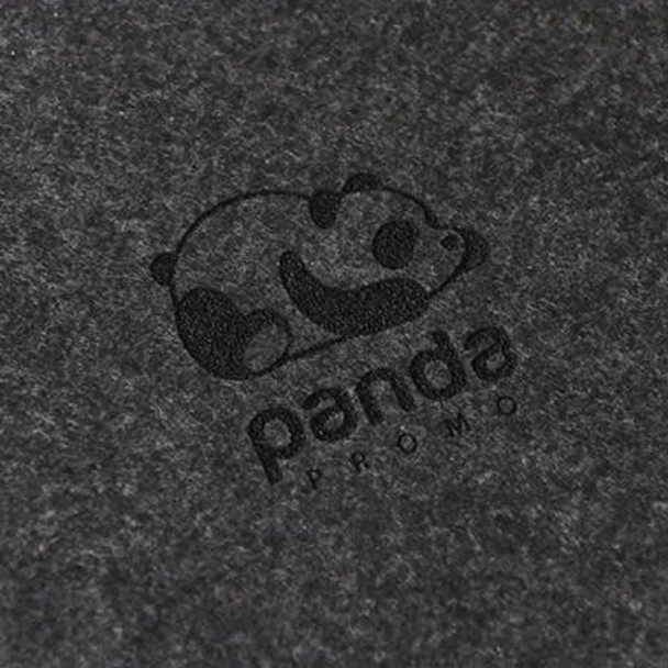 A grey felt file folder with a black panda logo and the word "promo" underneath.