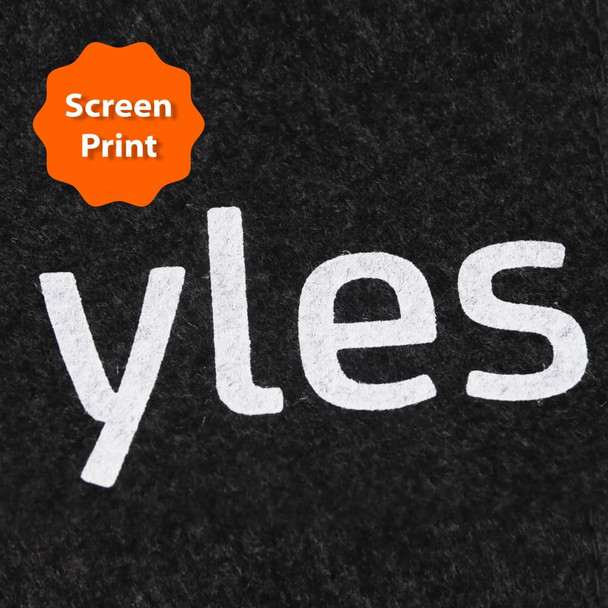 A black felt file folder featuring a screen-printed logo in white.