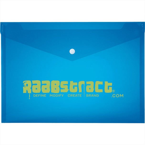 A blue plastic folder with a button closure and a branding logo on the front.