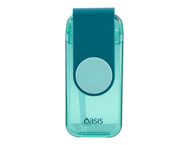 A drink bottle featuring a teal body with a blue lid and a straw, complete with a logo.