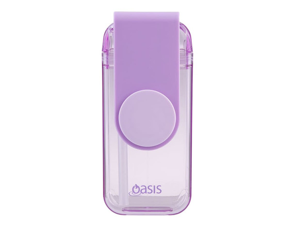 A drink bottle in purple and clear Tritan material featuring a logo. Compact design with a flip-top cap.