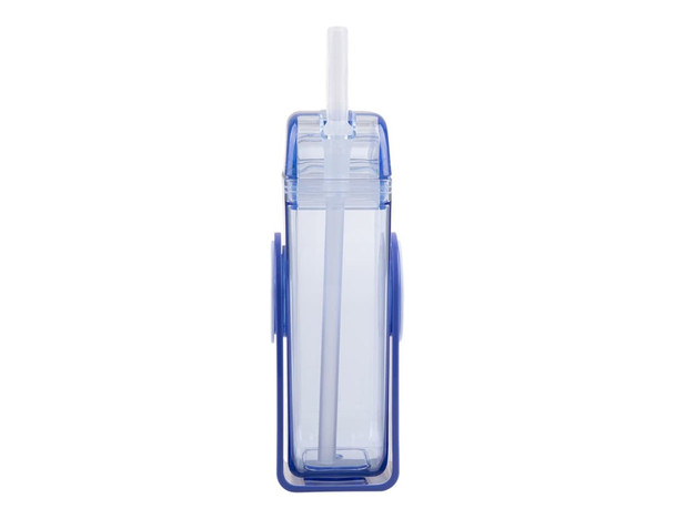 A drink bottle featuring a transparent body with blue accents and a built-in straw, designed for children.