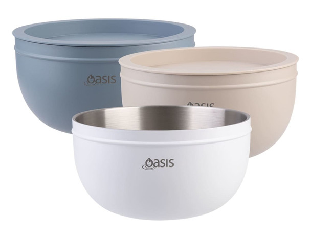 Three salad bowls in blue, beige, and white, featuring double-wall design and logo branding.