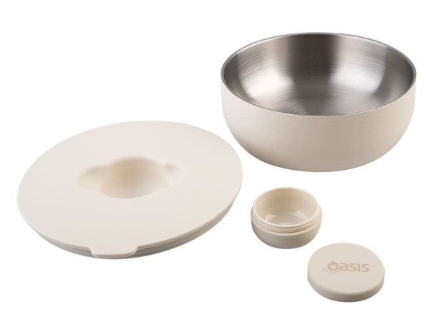 A lunch bowl set featuring a cream-coloured exterior, a stainless steel interior, and includes a lid and smaller container.