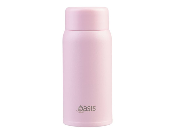 A drink bottle in light pink with a sleek design, featuring a logo on the front.