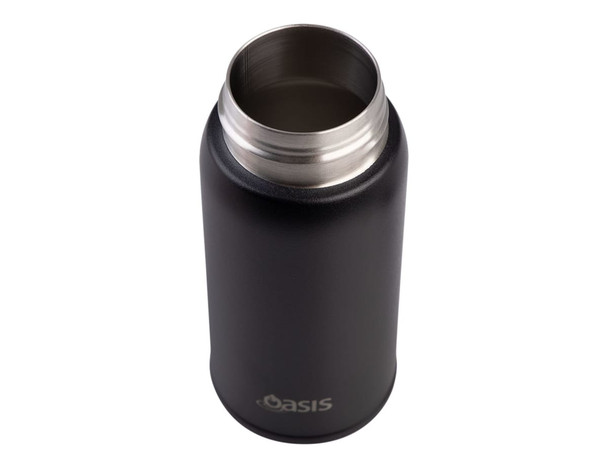 A drink bottle in black with a stainless steel opening, featuring a logo on the side.