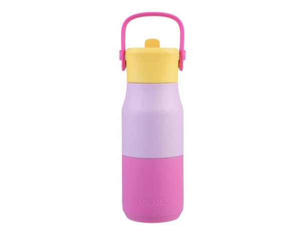 A drink bottle in purple, pink, and yellow, featuring a handle and a logo on the front.