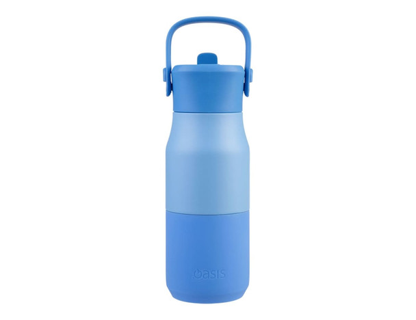 A drink bottle in shades of blue, with a handle and a screw-on lid. It features a logo on the front.