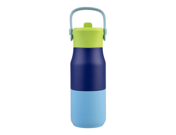 A drink bottle with a navy blue, light blue, and lime green design. It features a handle and a logo.