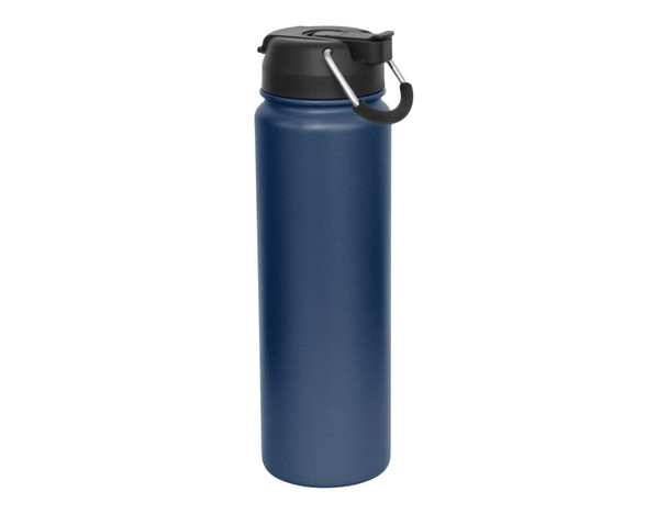 A drink bottle in navy blue with a black lid and a carry handle, featuring a branding logo.