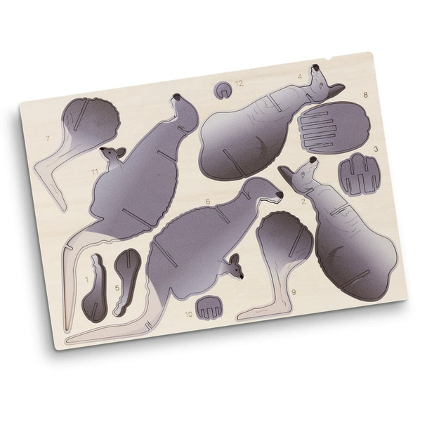 A wooden model kit featuring various kangaroo shapes ready for assembly, displaying grey and natural wood colours.