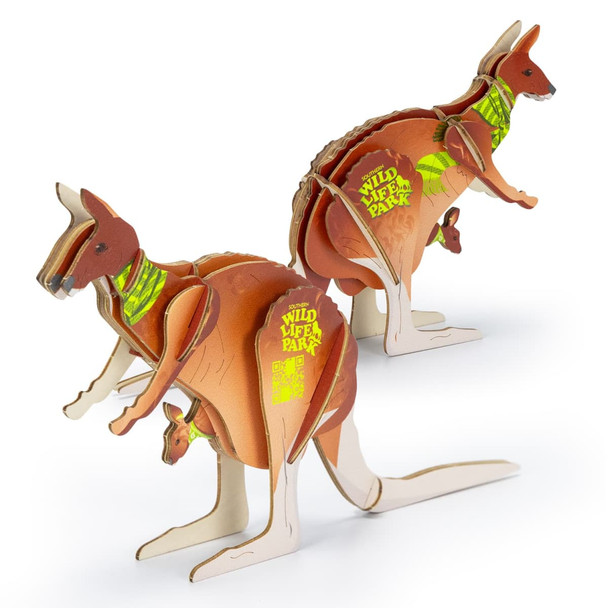 A wooden model of kangaroos in brown and green, featuring a branding logo on the side.