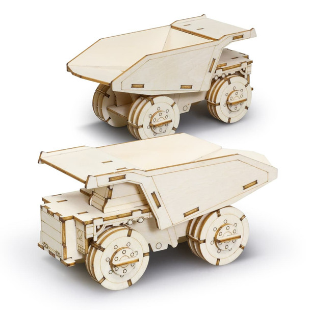 A wooden model of a mining truck, featuring detailed laser-cut designs and a natural wood finish. It has working wheels.
